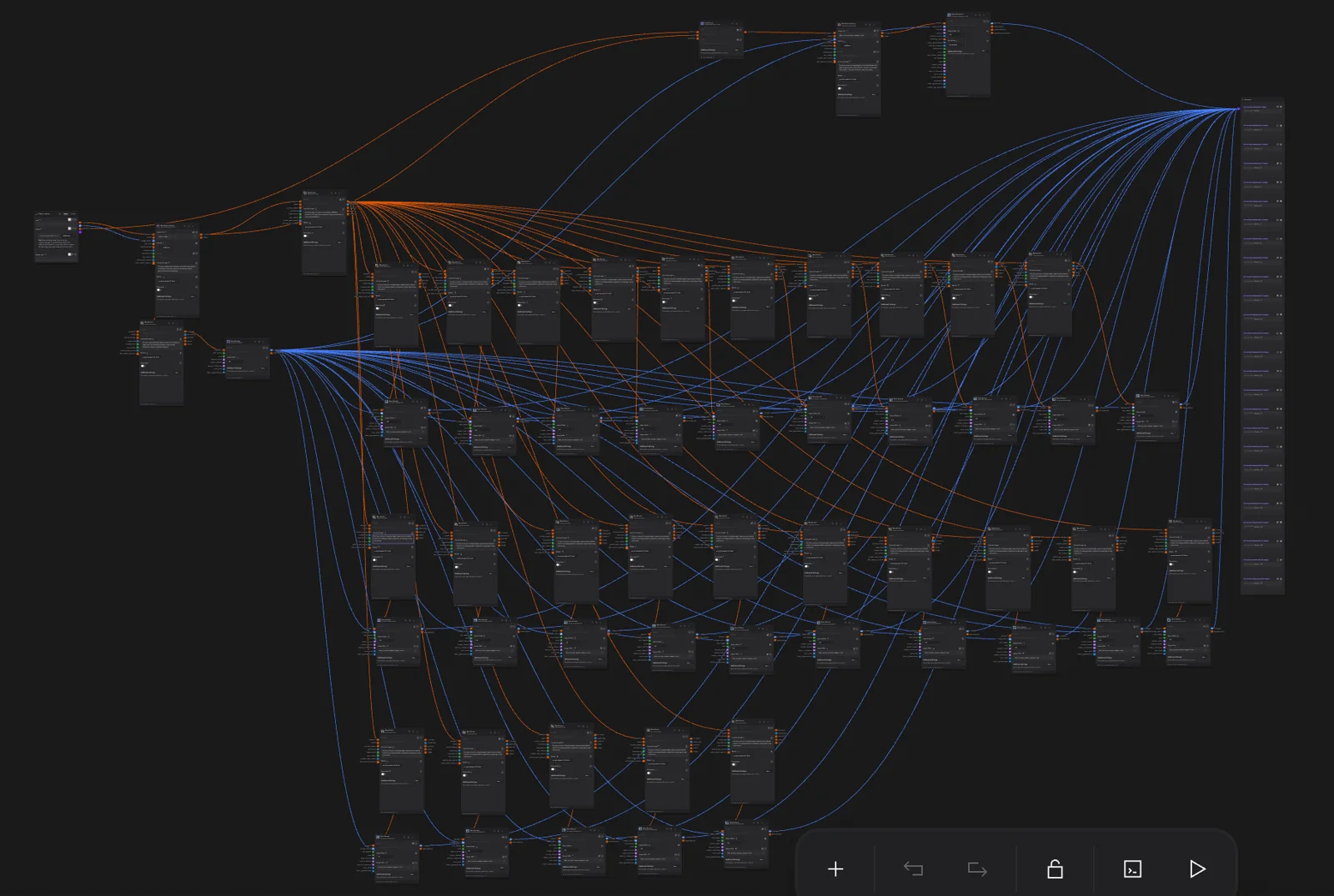 A large node graph that fans one prompt out into 25 parallel image generations and collects them into one output.